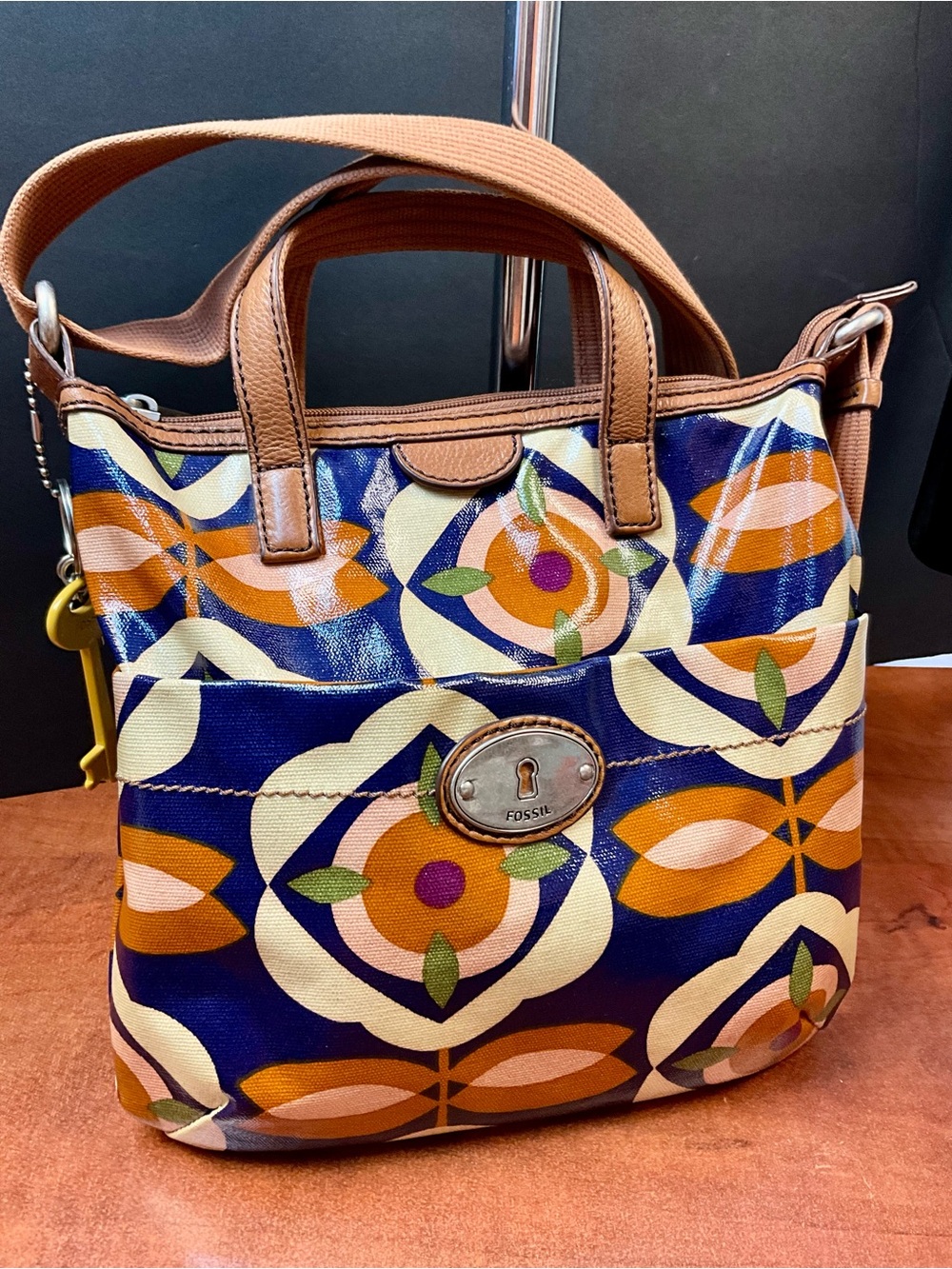 Fossil Navy Multicolor Geometric Floral Crossbody Tote